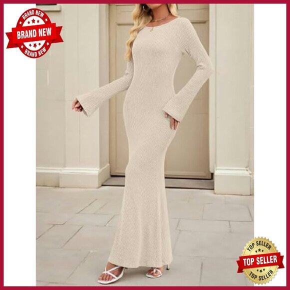 Long Sleeve Ribbed Knit Maxi Dress Boat Neck Bodycon Wedding Guest - Picture 4 of 8